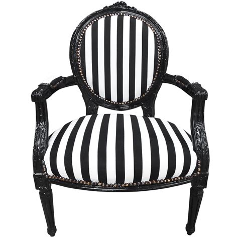 Fauteuil baroque de style Louis XVI rayé noir et blanc et bois noir