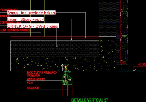 Asma taş üzerinde bakan beton düşey kesit dwg projesi Autocad