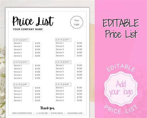 Beauty Price List Template Editable Printable Price Sheet Etsy