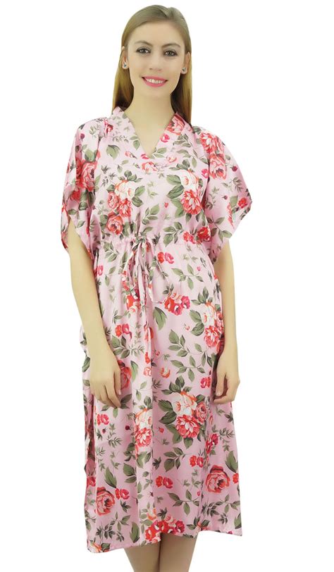 Bimba Women S Pink Floral Mid Calf Length Drawstring Kimono Kaftan