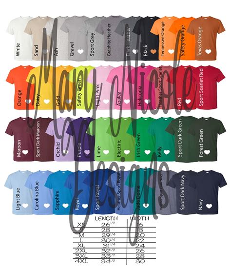 Gildan 8000 Unisex Color Chart // Etsy Color Chart - Etsy