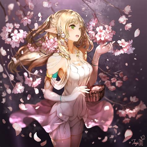 Blonde Green Eyes Elves Pointy Ears Flowers Anime Girls Cherry