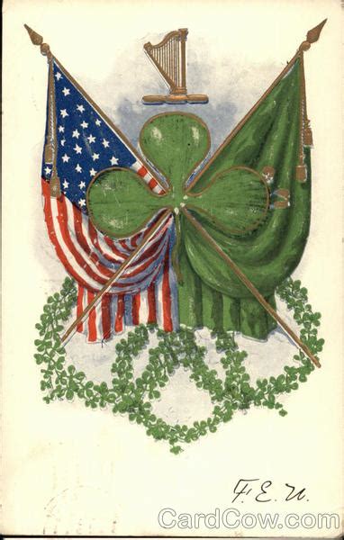 American Flag And Irish Flag Together With Clover Leaf Flags Postcard