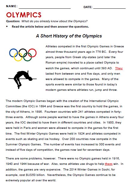 Olympics Reading Comprehension Worksheets