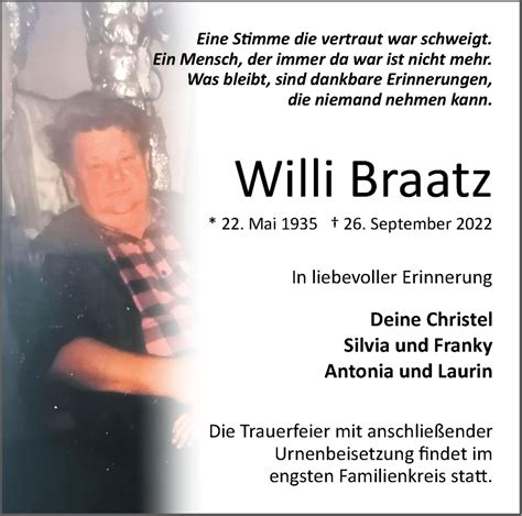 Traueranzeigen Von Willi Braatz M Rkische Onlinezeitung Trauerportal