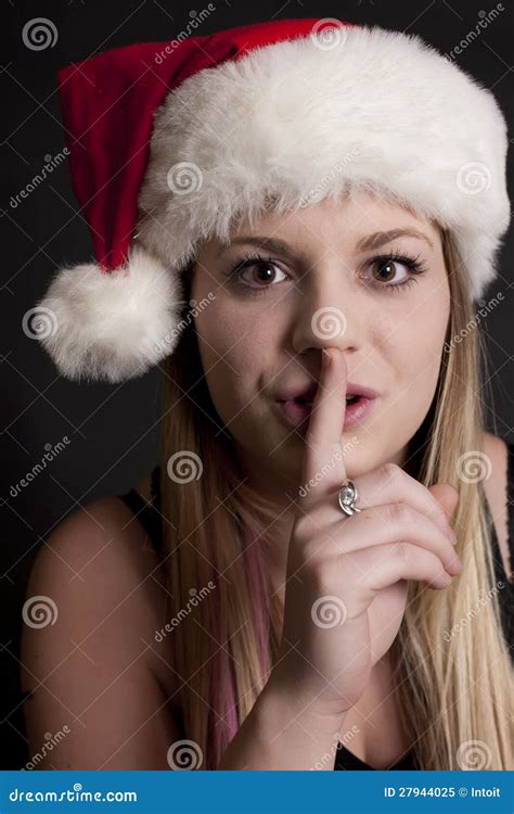 Pretty Girl With Santa Hat Saying Shhhhh Stock Image Image Of Sign