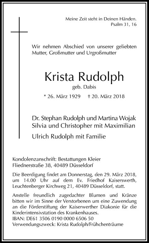 Alle Traueranzeigen F R Krista Rudolph Trauer Rp Online De