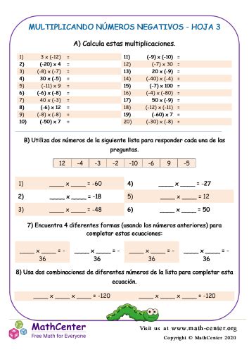 Quinto Grado Hojas De Trabajo Multiplicar N Meros Negativos Math Center