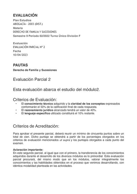 Dcho Familia Y Sucesiones Parcial Evaluaci N Plan Estudios