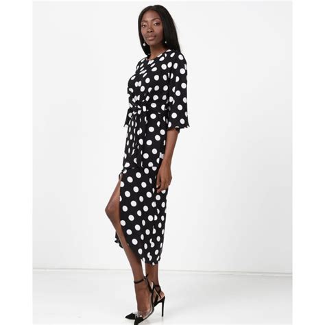 Polka Dot Wrap Midi Dress With Tie Front Black Ax Paris South Africa