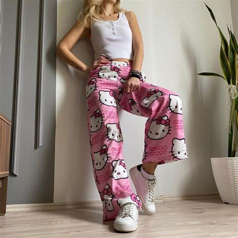 Y2k Hello Kitty Cat Wide Leg Sweatpantskawaii Pyjamacartoon Bottomharajuku Clothingaesthetic