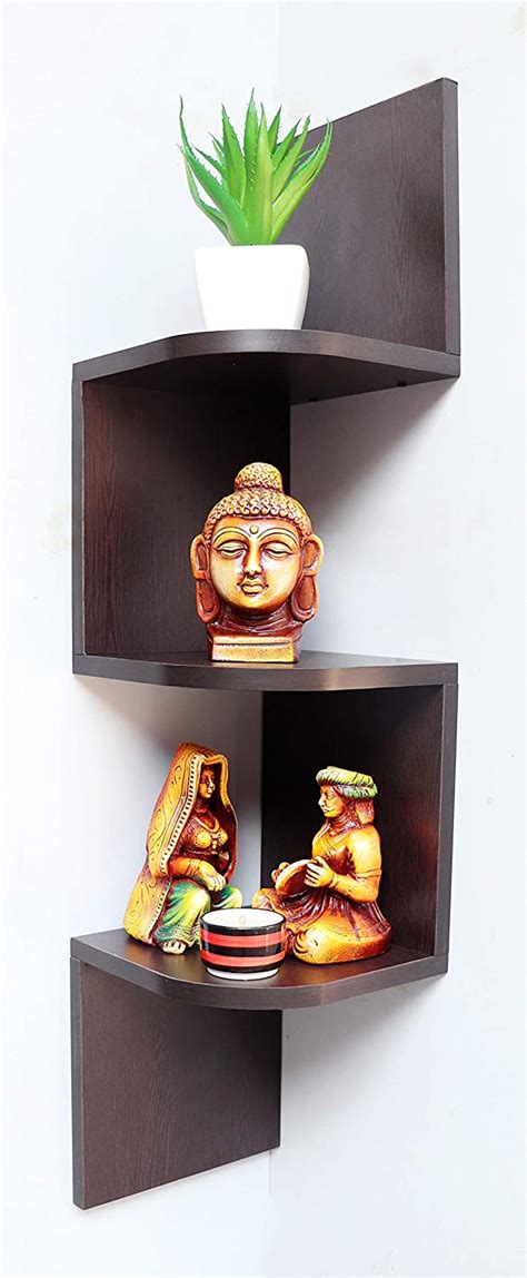 Madhuran Zigzag Engineered Wood Wall Mounted Corner Shelf Sets Of 3 Wenge For Living Room