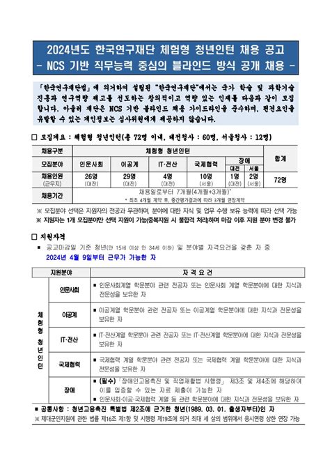 2024년도 한국연구재단 체험형 청년인턴 채용 안내 삼육대학교