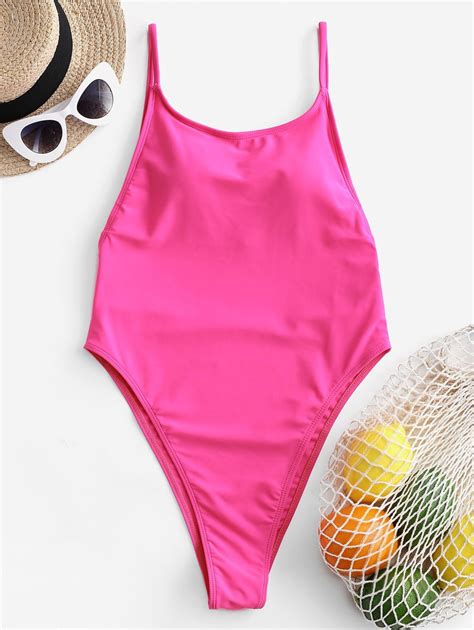 Zaful Neon High Cut Backless Thong One Piece Swimsuit Hot Pink