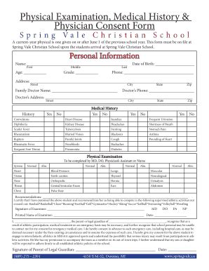 Fillable Online Physical Exam Form Spring Vale Christian School Fax