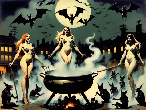 Sorceresses Concocting A Mystic Brew Under Moonlit Skies In Frazetta