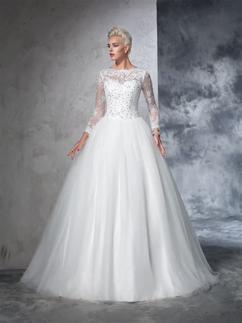 Ball Gown Bateau Lace Long Sleeves Long Net Wedding Dresses Hebeos Online