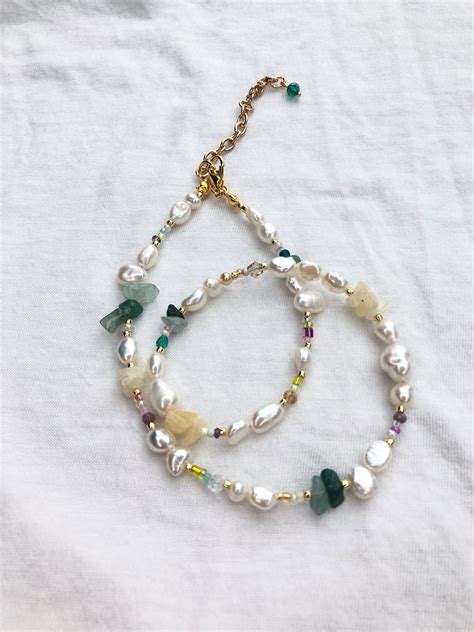 Beaded Gemstone Necklace With Green Aventurine Yellow Citrine Rainbow Pearl Beaded Necklace