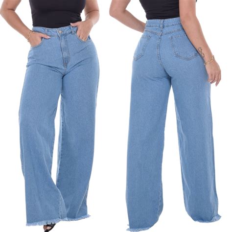 Calça Jeans Wide Leg Cintura Alta - Calça Jeans Feminina Wide Leg Cintura Alta Levanta Bumbum | Shopee Brasil