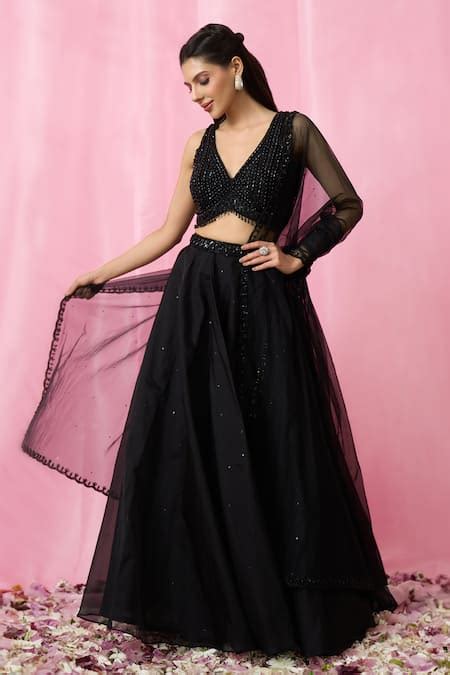 Buy Black Lehenga Organza Embellished Sequin V Neck Bead Set For Women