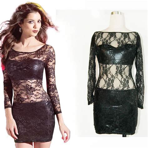 S L Sexy Faux Leather With Lace Dress New Winter Black Dress Long