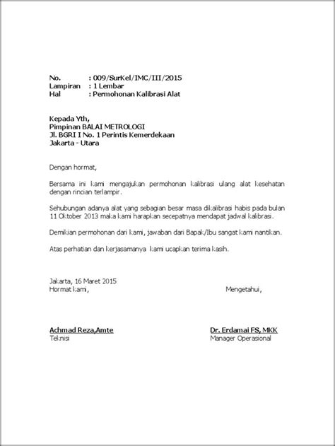 Contoh Surat Permohonan Kalibrasi Alat Ukur Metrologi Surat