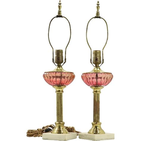 Pair Cranberry Glass Font Brass Post Lamps Marble Base