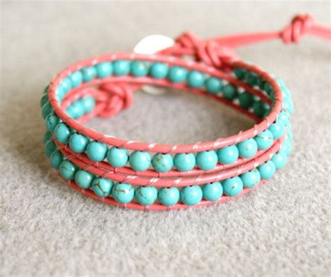 Blue Turquoise On Coral Leather Boho Beaded Leather Wrap Etsy