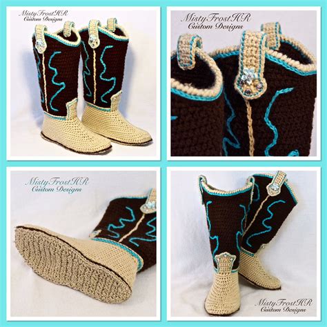 MistyFrostHR Original Crochet Cowgirl Boot Slippers, featuring a hemp sole. Pattern will soon be ...