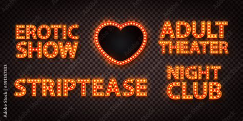 Vector Set Of Realistic Isolated Marquee Text Of Erotic Show Adult Theater Striptease And