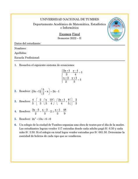 Examen Final FCE UNIVERSIDAD NACIONAL DE TUMBES Departamento