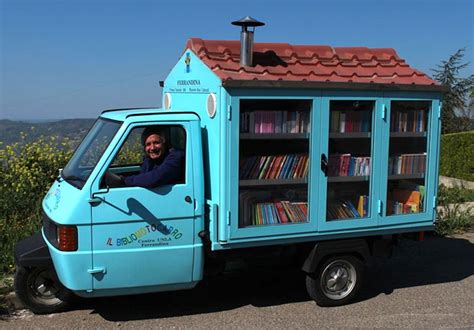 adorable library  wheels brings books  children  italy shareable