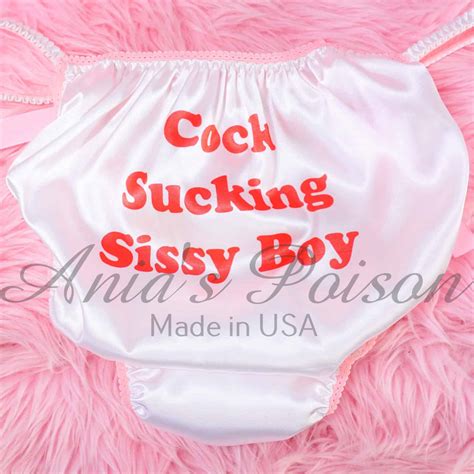 Anias Sissy White Satin String Bikini Naughty Sissy Boy Text Shiny