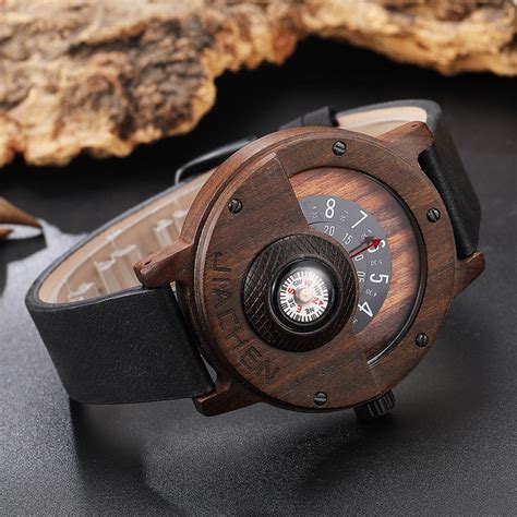 Unique Compass Turntable Number Design Mens Wooden Watch Men Brown Wood Leather Band Creative