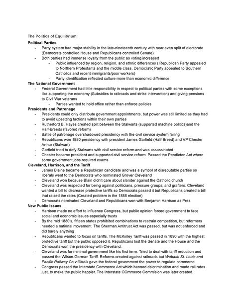 Apush Chapter 19 Notes - The Politics of Equilibrium: Political Parties