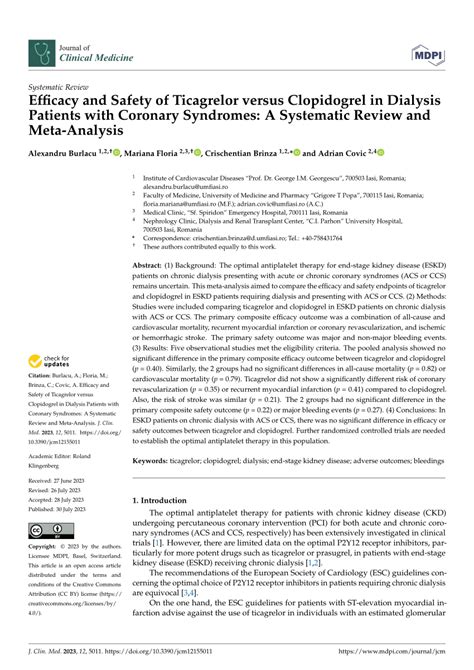 Pdf Efficacy And Safety Of Ticagrelor Versus Clopidogrel In Dialysis