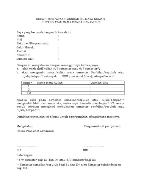 Surat Pernyataan Mengambil Mata Kuliah 6 Sks 1 Pdf