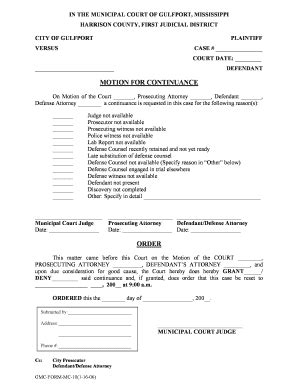 Motion For Continuance Gulfport Mississippi Gulfport Ms Fill Out And