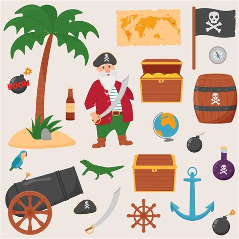 Bundle Pirate Set Isolated On White Background Bundle Pirate Treasure Map Rum Ship Wheel