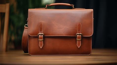 Premium Photo Brown Leather Briefcase On Wooden Table