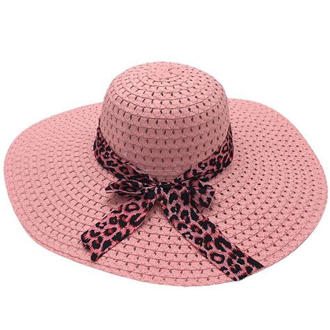 Mightlink Sunscreen Braided Foldable Straw Hat Leopard Bowknot Decor