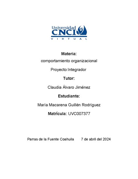 Comportamiento Organizacional Proyecto Integrador Maria Materia