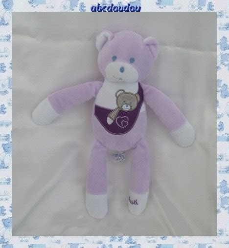 Doudou Peluche Ours Blanc Violet Motif Ourson Gris Coeur Musti Mustela