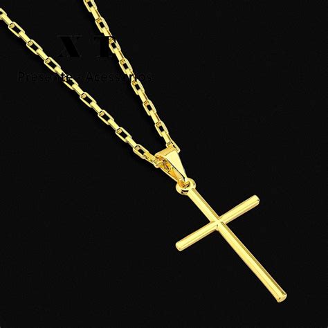 conjunto Colar Pingente Cruz Palito Banhados a ouro 18k Cordão