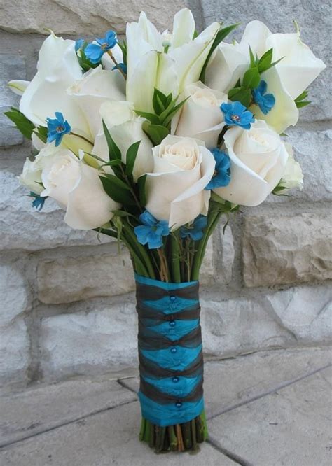 Teal Wedding White Roses And Calla Lillies With Blue Accent Flowers