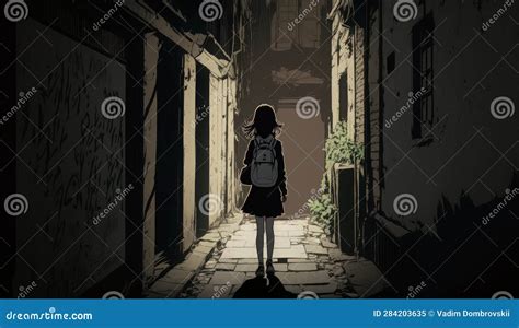 Girl Walking Alone in a Dark Alleyway. Genarative AI. Stock ...