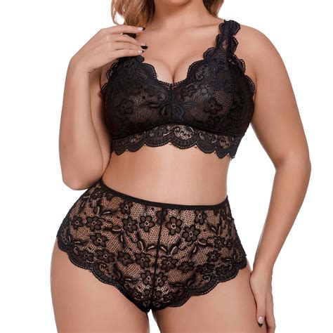 SIMU Plus Size Lingerie Plus Floral Lace Scallop Trim Lingerie Set Deep