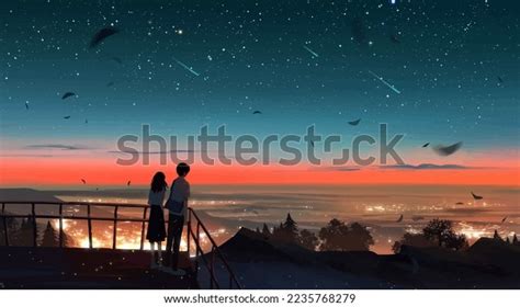 Couple Enjoying Night Sky Together Anime Stock Illustration 2235768279 ...