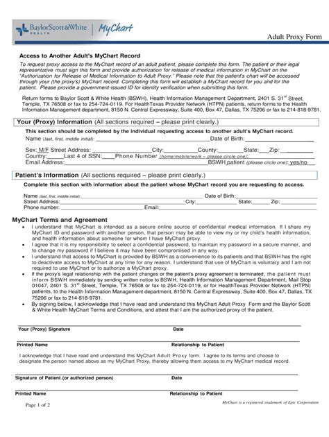 Fillable Online To Request Proxy Access To The Mychart Record Of An