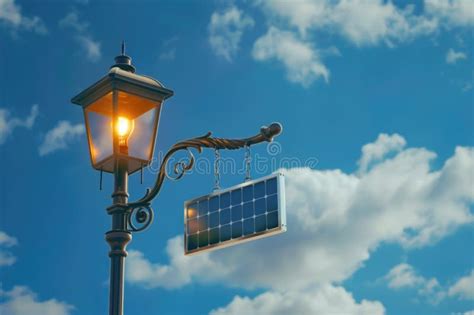 Antique Street Lamp Illuminated With Solar Panel Under Blue Sky With